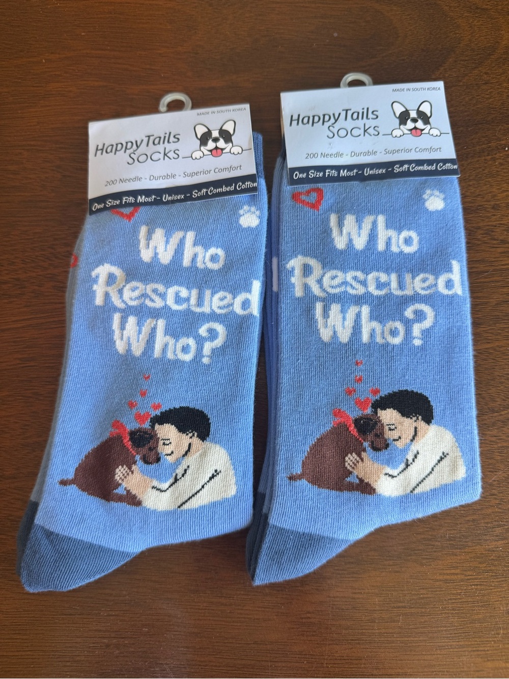 HappyTails Blue 'Who Rescued Who?' Women's Crew Socks 2 Pairs Animal Rescue